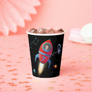 Rocket with Photo UFO Alien Astronaut Birthday Paper Cups