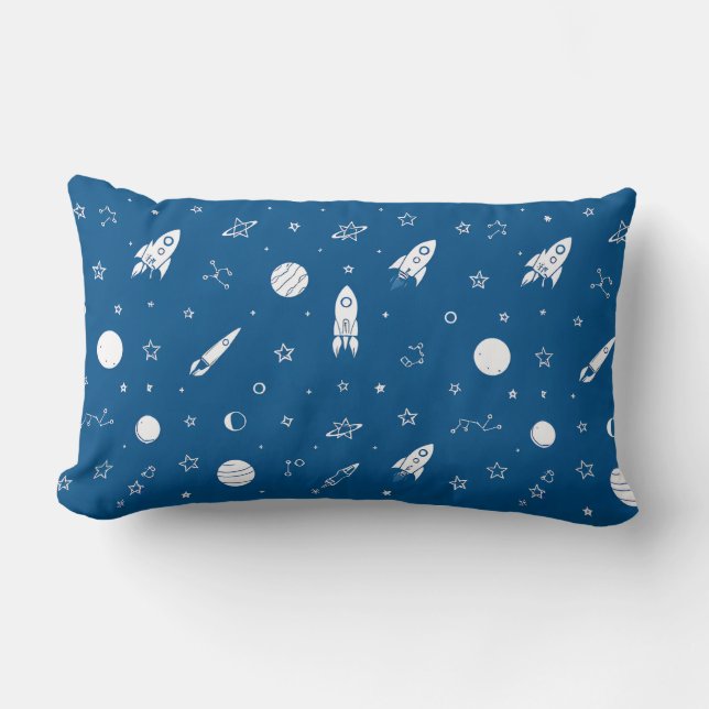Rockets and Space Elements in a Blue Background Lumbar Cushion (Front)