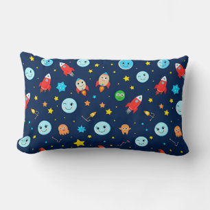Rockets and Space Elements in a Blue Background Lumbar Cushion