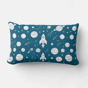 Rockets and Space Elements in a Blue Background Lumbar Cushion