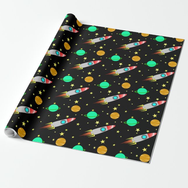 Rockets, Asteroids and Planets in Space Wrapping Paper (Unrolled)