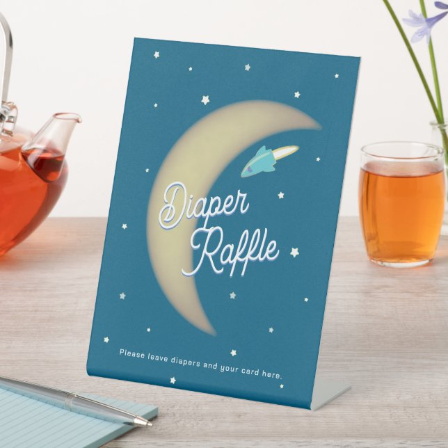 Rockets & Moon Diaper Raffle Teal Pedestal Sign (In SItu)