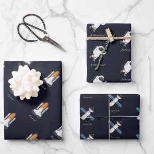 Rockets Solar System Astronaut Satellite 3-Piece Wrapping Paper Sheet