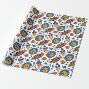 Rockets Stars and Planets Orange and Blue Wrapping Paper