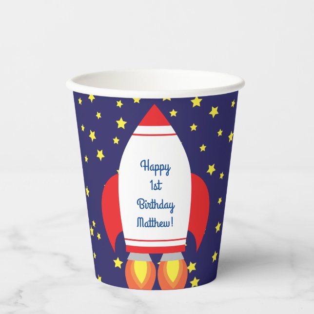 Rocketship Outer Space Cute Kid Birthday Paper Cups (Front)