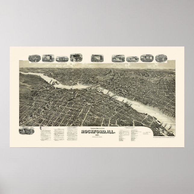 Rockford, IL Panoramic Map - 1891 Poster (Front)
