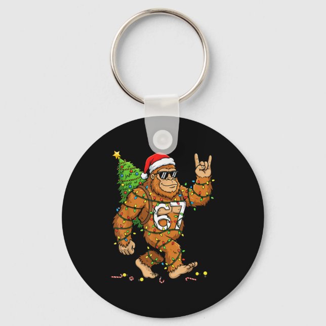 Rockin' Bigfoot Christmas Tree Xmas Lights Funny 6 Key Ring (Front)