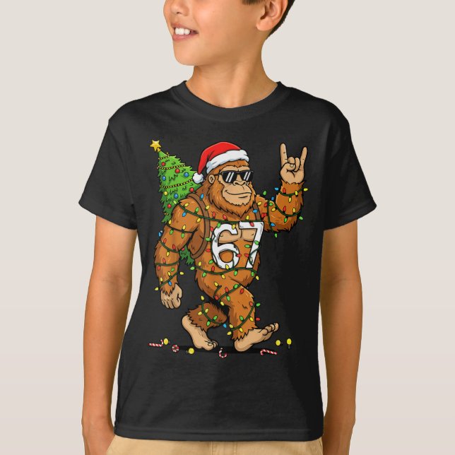 Rockin' Bigfoot Christmas Tree Xmas Lights Funny 6 T-Shirt (Front)