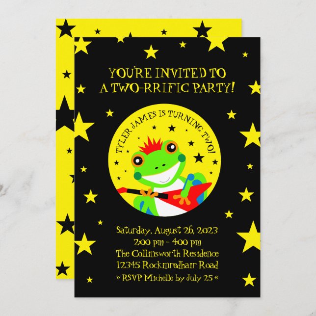 Rockin' Birthday Tree Frog with Red Guitar Invitation (Front/Back)