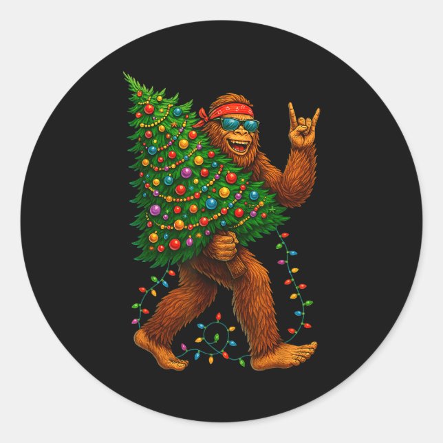 Rockin Christmas Bigfoot Carrying Tree Fun Xmas Ro Classic Round Sticker (Front)