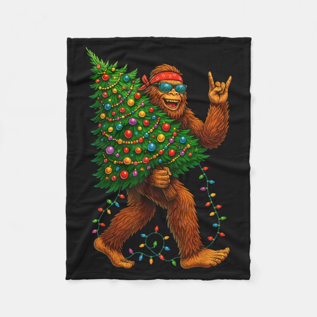 Rockin Christmas Bigfoot Carrying Tree Fun Xmas Ro Fleece Blanket (Front)