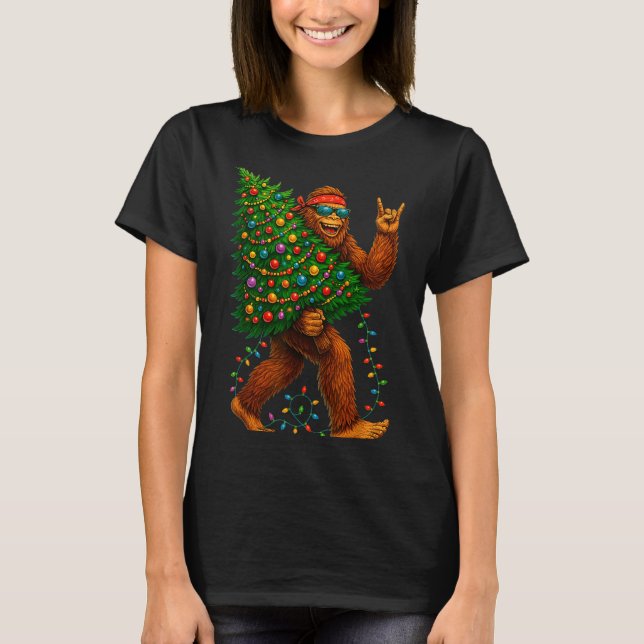Rockin Christmas Bigfoot Carrying Tree Fun Xmas Ro T-Shirt (Front)