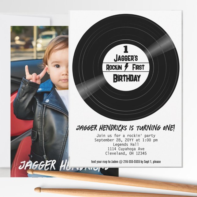 Rockin First Birthday Photo Vinyl Record B&W Invitation (Rock n roll first birthday vinyl record photo invitation. )
