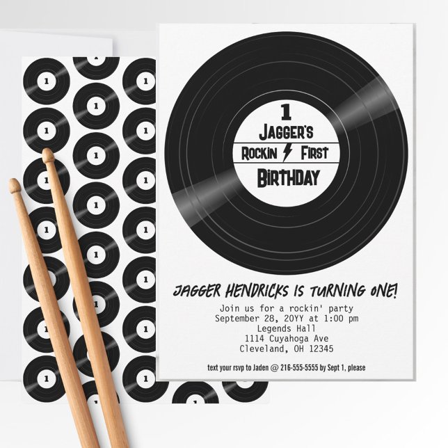 Rockin First Birthday Vinyl Record Black and White Invitation (Rock and roll 1st birthday vinyl record invitation. )