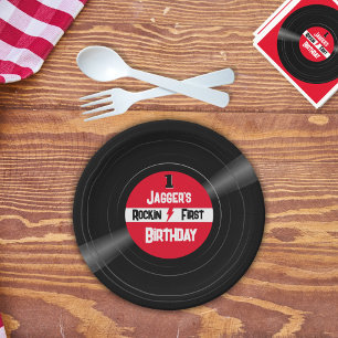 Rockin First Birthday Vinyl Record Red Label Paper Plate