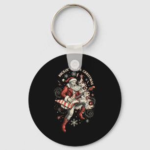 Rockin Santa Playing Guitar Funny Christmas Retro  Key Ring