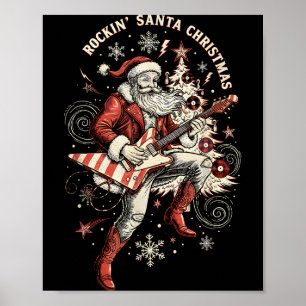 Rockin Santa Playing Guitar Funny Christmas Retro Poster