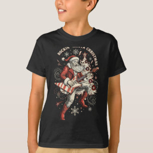 Rockin Santa Playing Guitar Funny Christmas Retro T-Shirt
