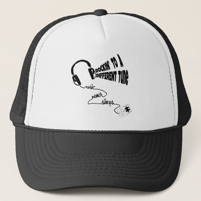 Rockin' to a Different Tune - Music Never Sleeps Trucker Hat (Front)