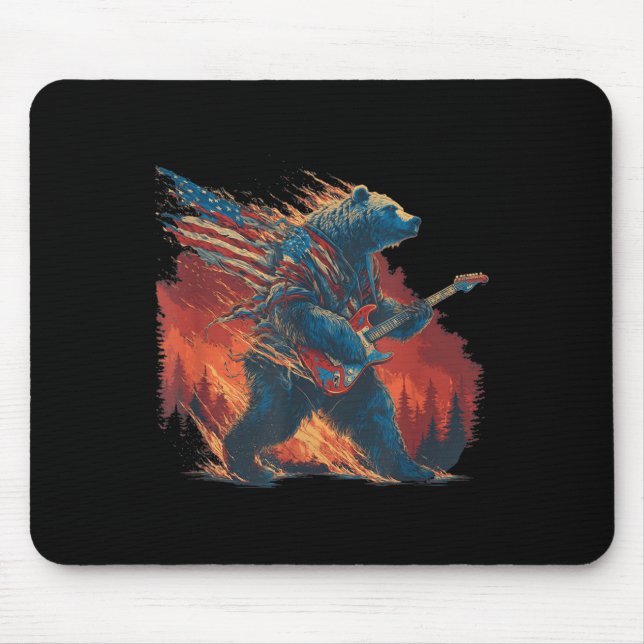 Rocking Bear With Electric Guitar And Burning Fore Mouse Pad (Front)