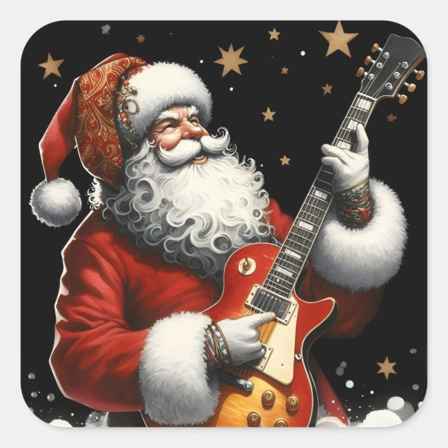 Rocking Christmas Tunes With Santa’s Guitar Square Sticker (Front)