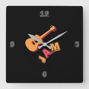 Rocking Guitar, Music Jam Style, Orange & Red Art Square Wall Clock