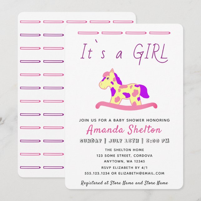 Rocking Horse Baby Girl Shower Invitation (Front/Back)