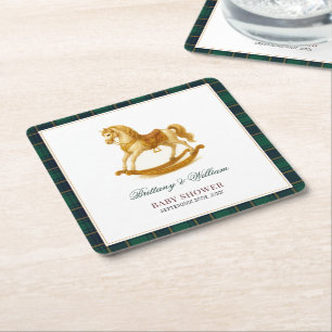 Rocking Horse Baby Shower Elegant Tartan Plaid Square Paper Coaster