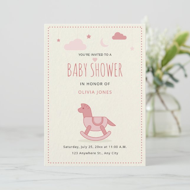 Rocking Horse Baby Shower Invite, Girl Baby Shower Invitation (Standing Front)