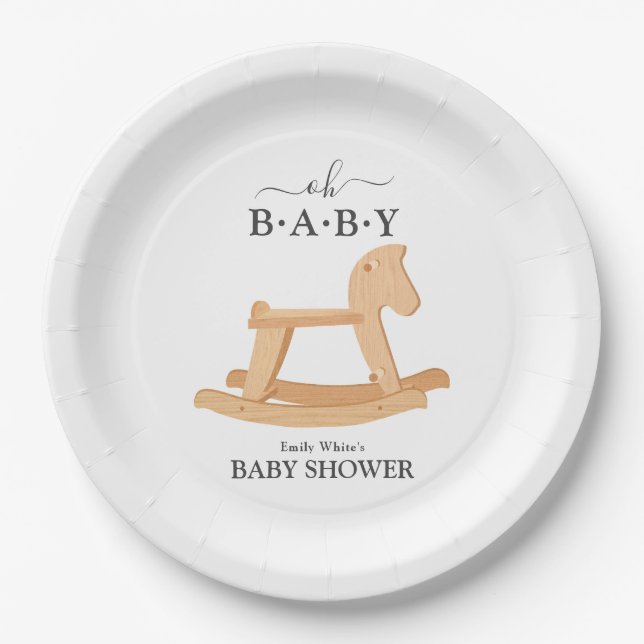 Rocking Horse Baby Shower Minimalist Baby Shower Paper Plate (Front)