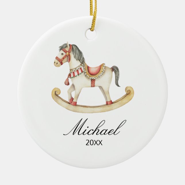 Rocking Horse Baby's First Christmas Holiday Ceramic Tree Decoration (Front)