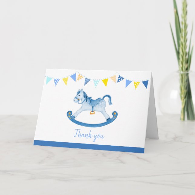 Rocking horse blue baby shower thank you card (Front)