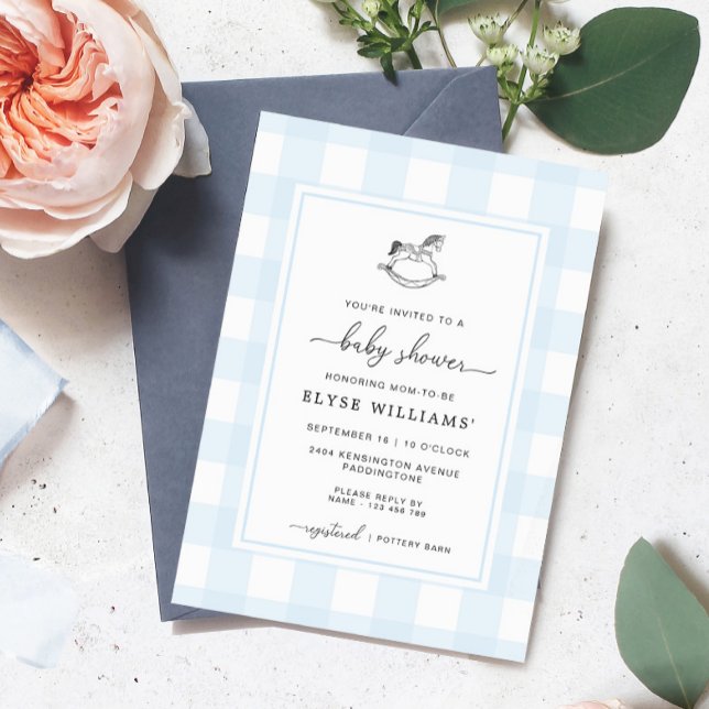 Rocking Horse Blue Gingham Baby Shower Invitation (Baby Shower Invitation Blue Gingham Rocking Horse)