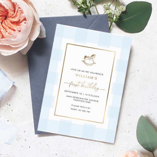 Rocking Horse Blue Gingham Birthday Foil Invite (Blue Gingham rocking horse first birthday invitation gold foil)