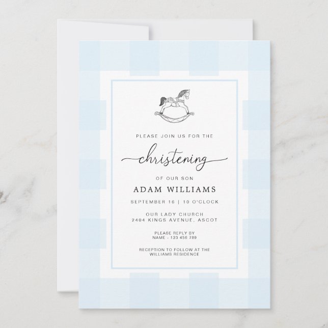 Rocking Horse Blue Gingham Christening Invitation (Front)