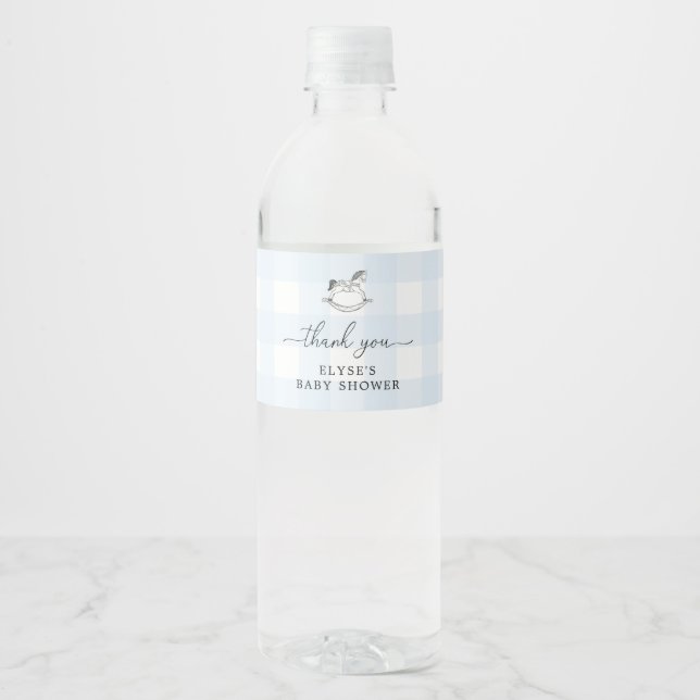 Rocking Horse Blue Gingham Favour Water Bottle Water Bottle Label (Front)