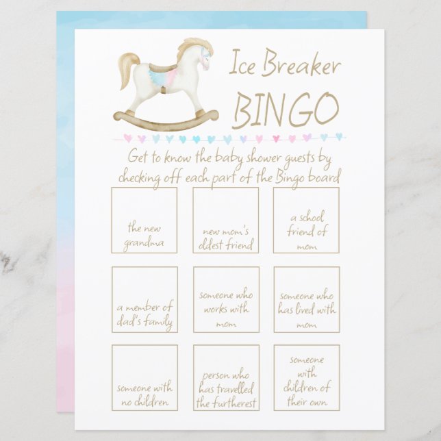 Rocking Horse Blue Pink Baby Shower Bingo (Front/Back)