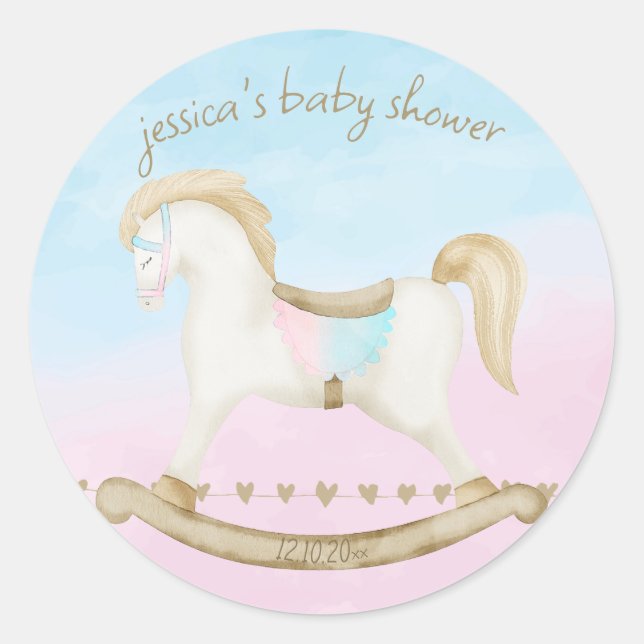 Rocking Horse Blue Pink Gender Neutral Baby Shower Classic Round Sticker (Front)
