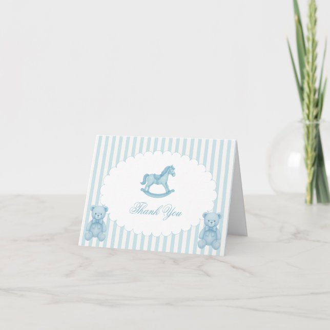 Rocking Horse Blue Preppy Baby Shower Thank You Card (Front)