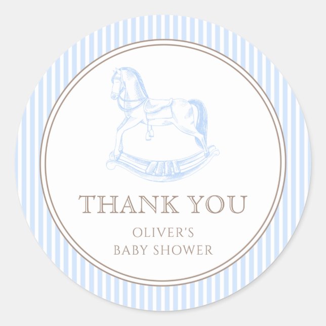 Rocking Horse Blue Toile De Jouy Baby Shower Classic Round Sticker (Front)