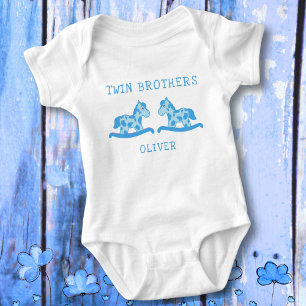 Rocking Horse Blue Twin Brothers Boy Name Baby Bodysuit