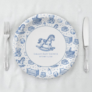 Rocking Horse Blue & White Vintage Boy Baby Shower Paper Plate