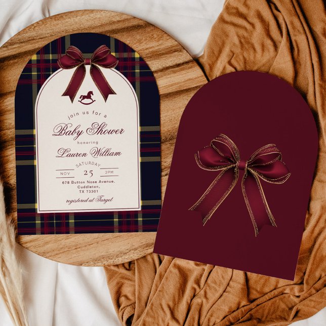 Rocking Horse Christmas Plaid Bow Baby Shower Invitation (Creator Uploaded)