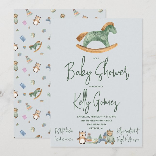 Rocking Horse Gender Neutral Boho Toys Baby Shower Invitation (Front/Back)