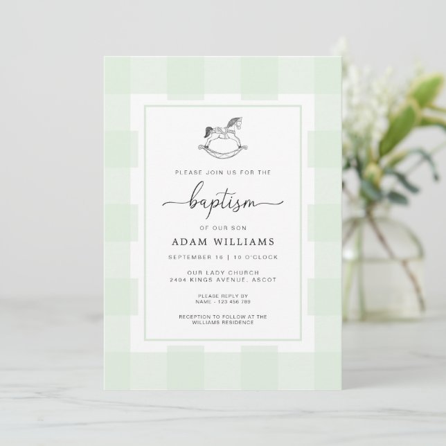 Rocking Horse Green Gingham Baptism Invitation (Standing Front)