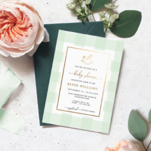 Rocking Horse Mint Gingham Baby Shower Foil Invite