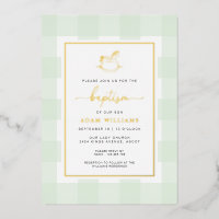 Rocking Horse Mint Gingham Baptism Foil Invitation