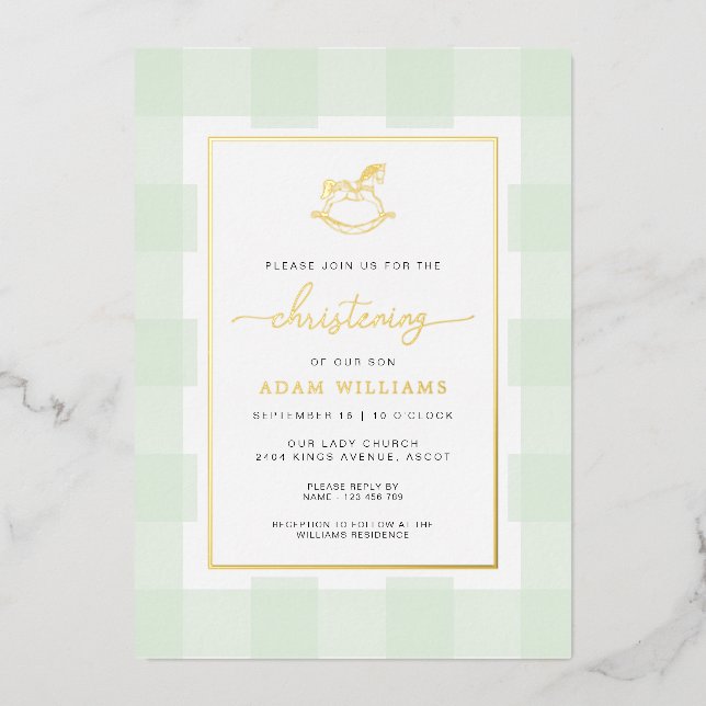 Rocking Horse Mint Gingham Christening Foil Invite (Front)