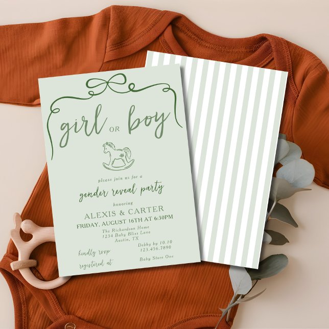 Rocking Horse Neutral Sage Green Gender Reveal Invitation (Creator Uploaded)