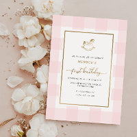 Rocking Horse Pink Gingham Birthday Foil Invite